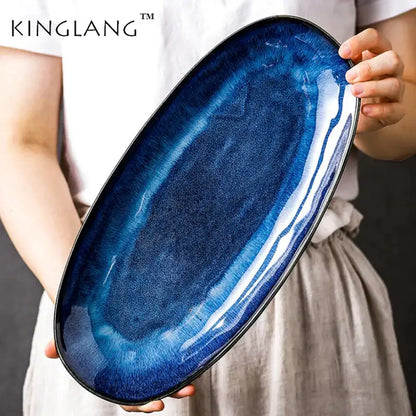 Blue kiln glazed oval ceramic sushi plate dining room serving platter