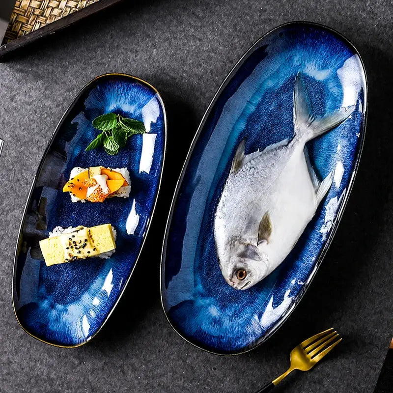 Blue kiln glazed oval ceramic sushi plate dining room serving platter