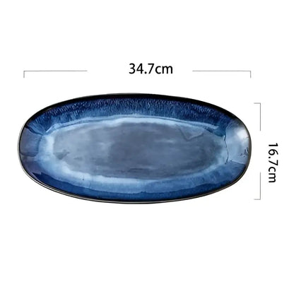 Blue kiln glazed oval ceramic sushi plate dining room serving platter
