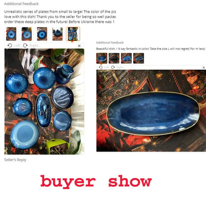Blue kiln glazed oval ceramic sushi plate dining room serving platter