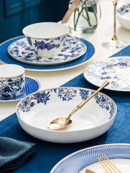 Blue lotus dinnerware and tea set dining room porcelain floral decor