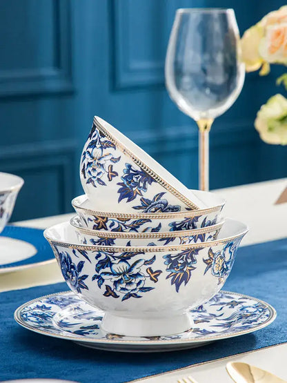Blue lotus dinnerware and tea set dining room porcelain floral decor