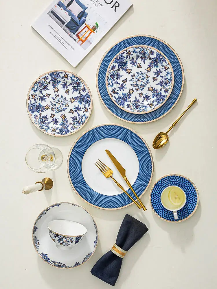 Blue lotus dinnerware and tea set dining room porcelain floral decor