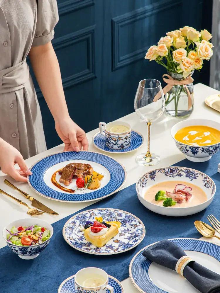 Blue lotus dinnerware and tea set dining room porcelain floral decor