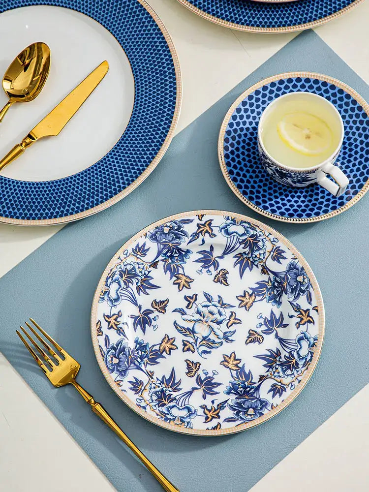 Blue lotus dinnerware and tea set dining room porcelain floral decor