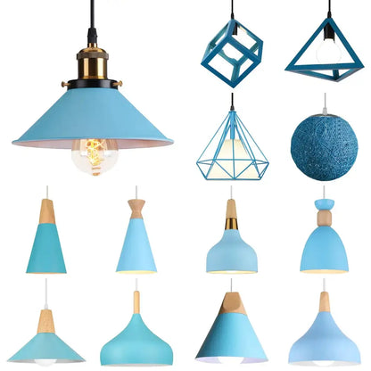 Blue matte metal pendant light with brass fixture for kitchens