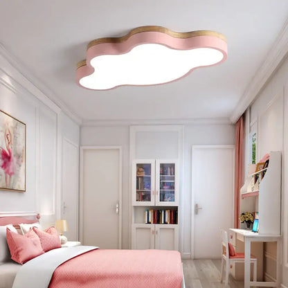 Blue & natural wood cloud flush mount ceiling lamp for kids bedroom