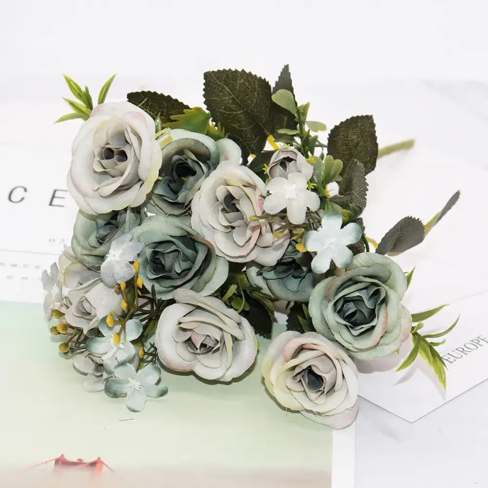 Blue peony and tea rose silk fake flowers – home garden decor
