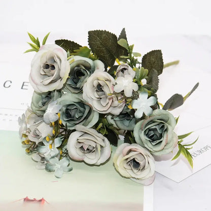 Blue peony and tea rose silk fake flowers – home garden decor