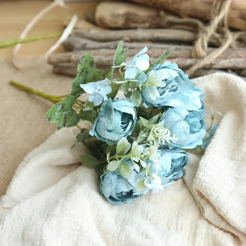 Blue peony and tea rose silk fake flowers – home garden decor