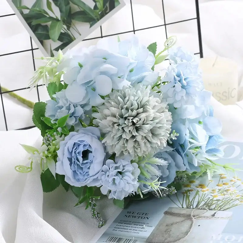 Blue peony and tea rose silk fake flowers – home garden decor