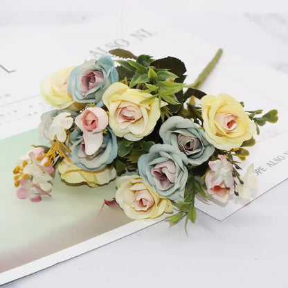Blue peony and tea rose silk fake flowers – home garden decor