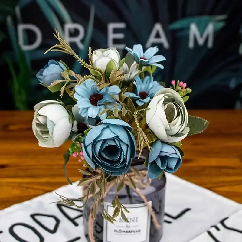 Blue peony and tea rose silk fake flowers – home garden decor