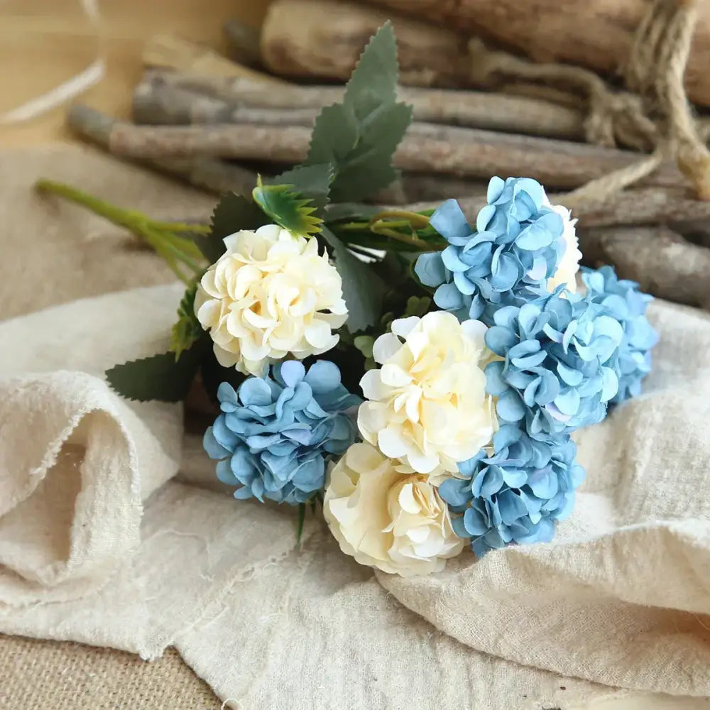 Blue peony and tea rose silk fake flowers – home garden decor