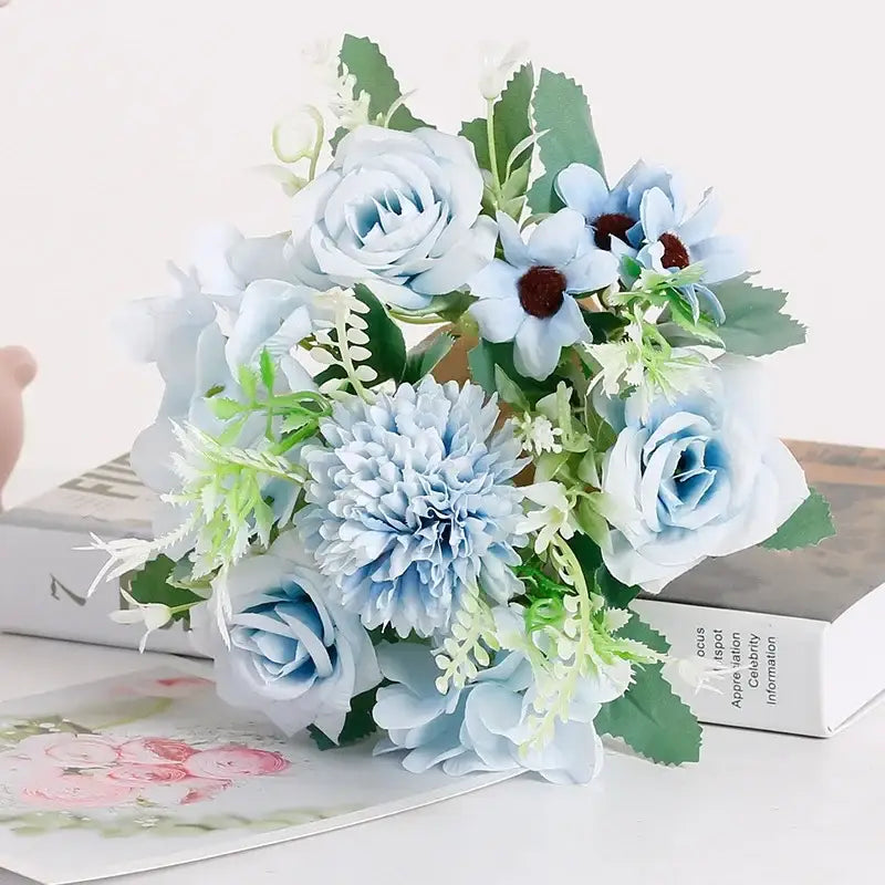 Blue peony and tea rose silk fake flowers – home garden decor