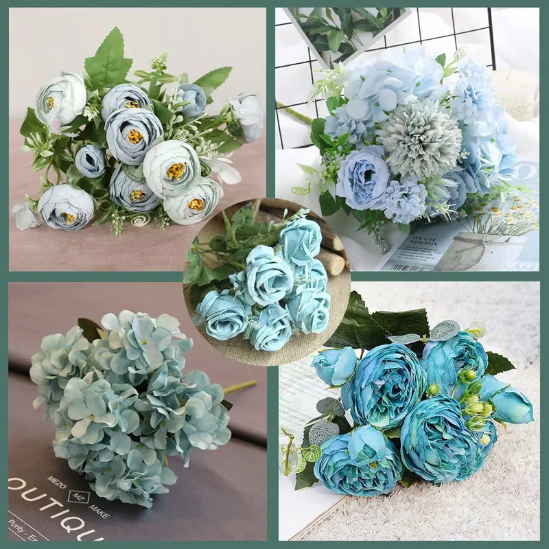 Blue peony and tea rose silk fake flowers – home garden decor