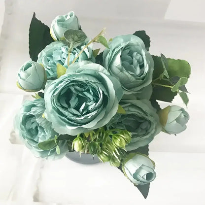 Blue peony and tea rose silk fake flowers – home garden decor