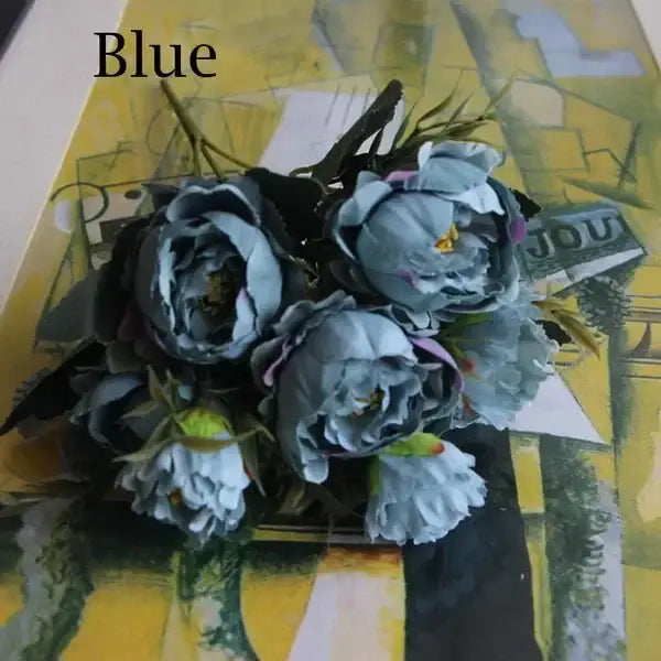 Blue peony and tea rose silk fake flowers – home garden decor