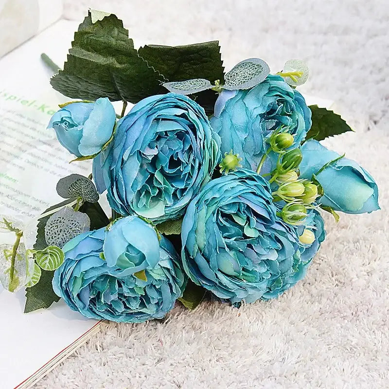 Blue peony and tea rose silk fake flowers – home garden decor