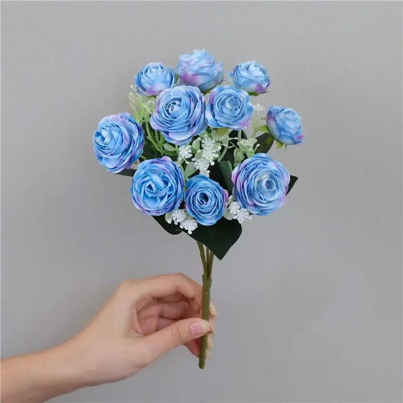 Blue peony and tea rose silk fake flowers – home garden decor