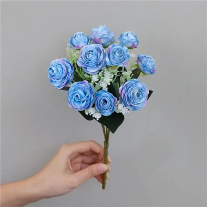 Blue peony and tea rose silk fake flowers – home garden decor