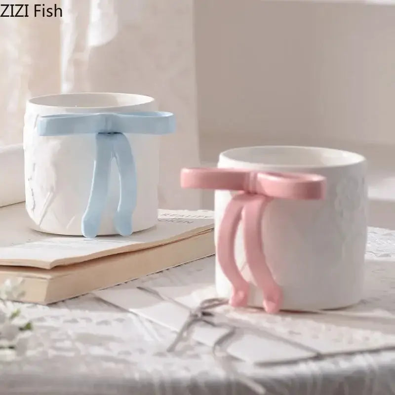 Blue & pink bowknot ceramic mug saucer set dining room tea cup