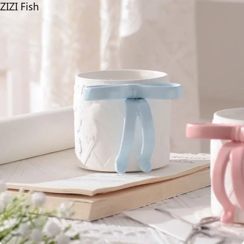 Blue & pink bowknot ceramic mug saucer set dining room tea cup