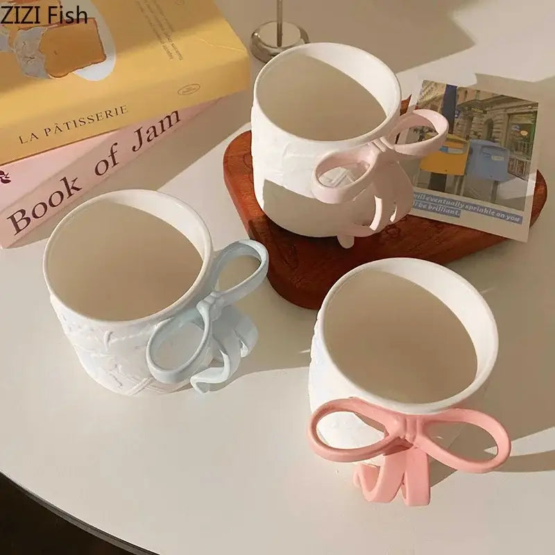 Blue & pink bowknot ceramic mug saucer set dining room tea cup