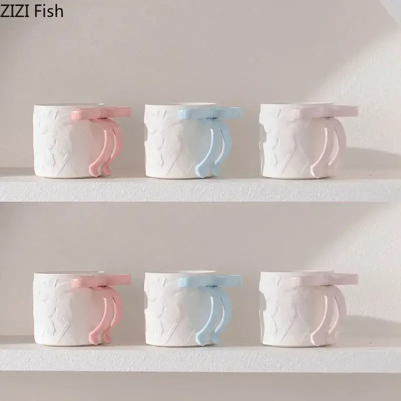 Blue & pink bowknot ceramic mug saucer set dining room tea cup