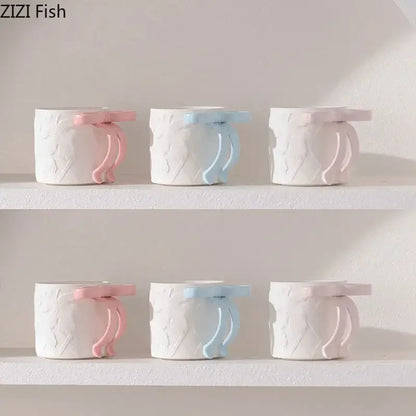 Blue & pink bowknot ceramic mug saucer set dining room tea cup