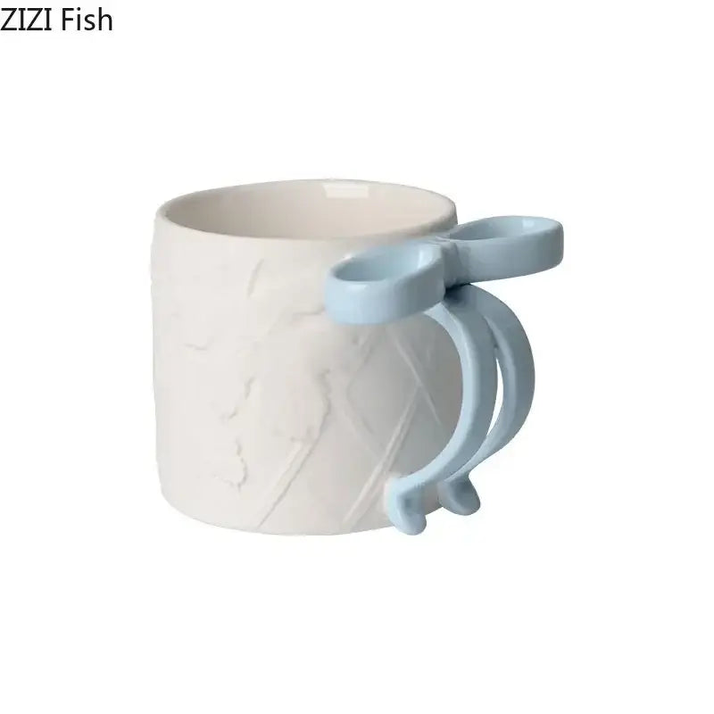 Blue & pink bowknot ceramic mug saucer set dining room tea cup