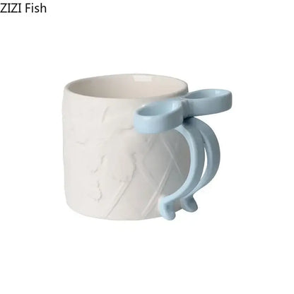 Blue & pink bowknot ceramic mug saucer set dining room tea cup