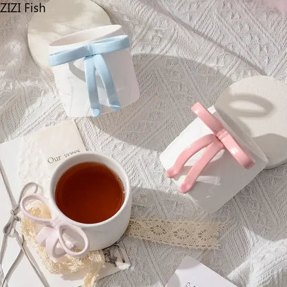 Blue & pink bowknot ceramic mug saucer set dining room tea cup