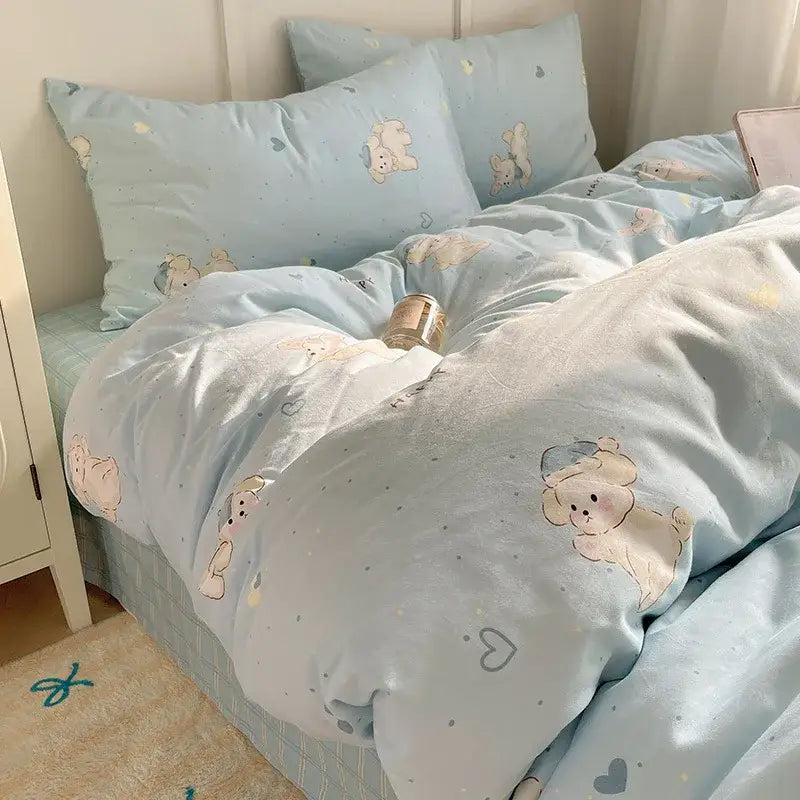Blue poodle print cotton cartoon printed bedding set bedroom