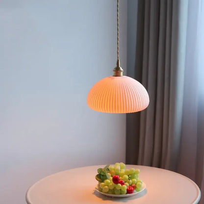 Blue ribbed ceramic led pendant lamp kitchen brass accents