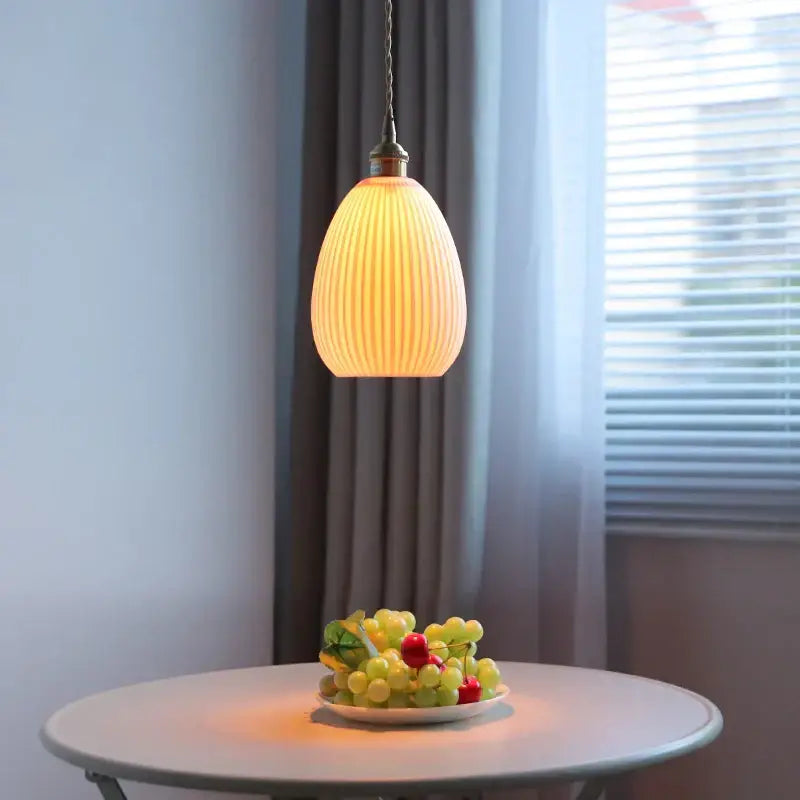 Blue ribbed ceramic led pendant lamp kitchen brass accents