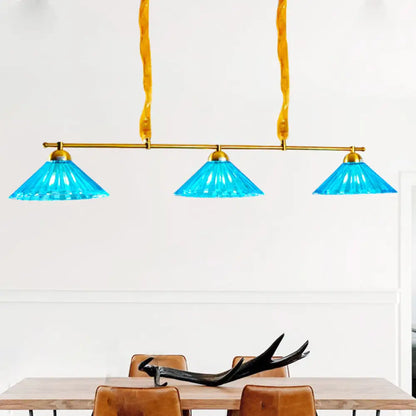 DecorBites™ Blue Ribbed Glass Cone Pendant Light - Traditional Dining Room Lamp with 3 Lights