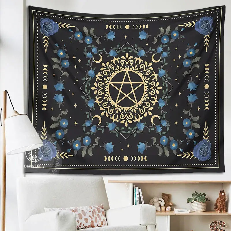 Blue rose moon floral pentagram tapestry bedroom wall hanging