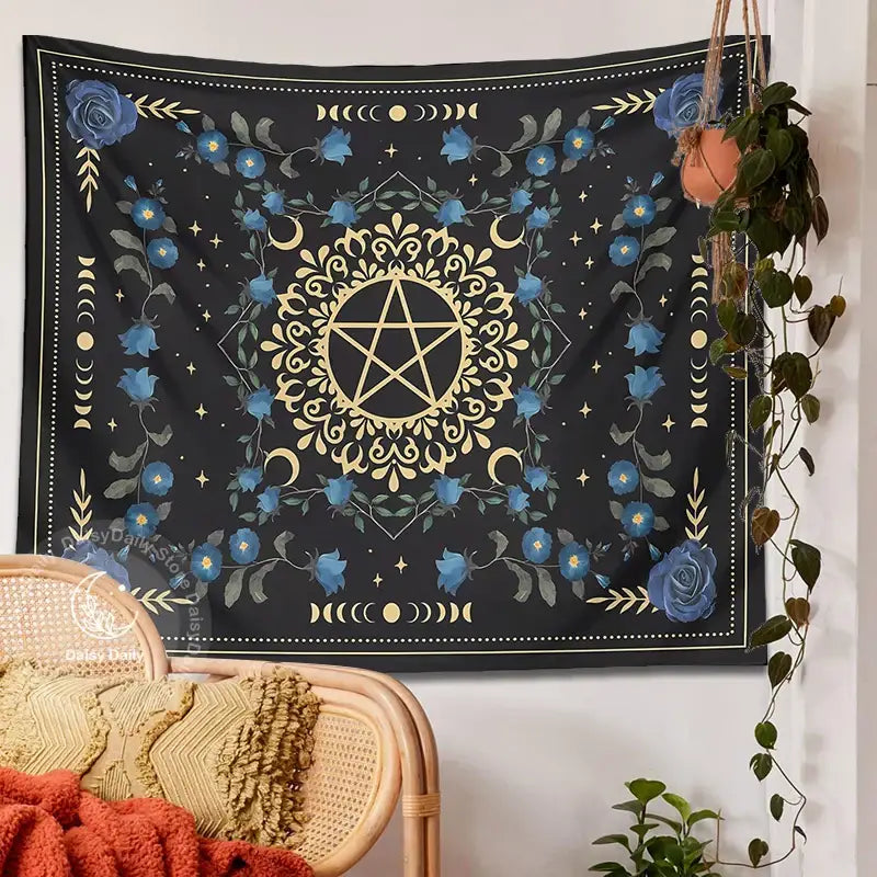 Blue rose moon floral pentagram tapestry bedroom wall hanging