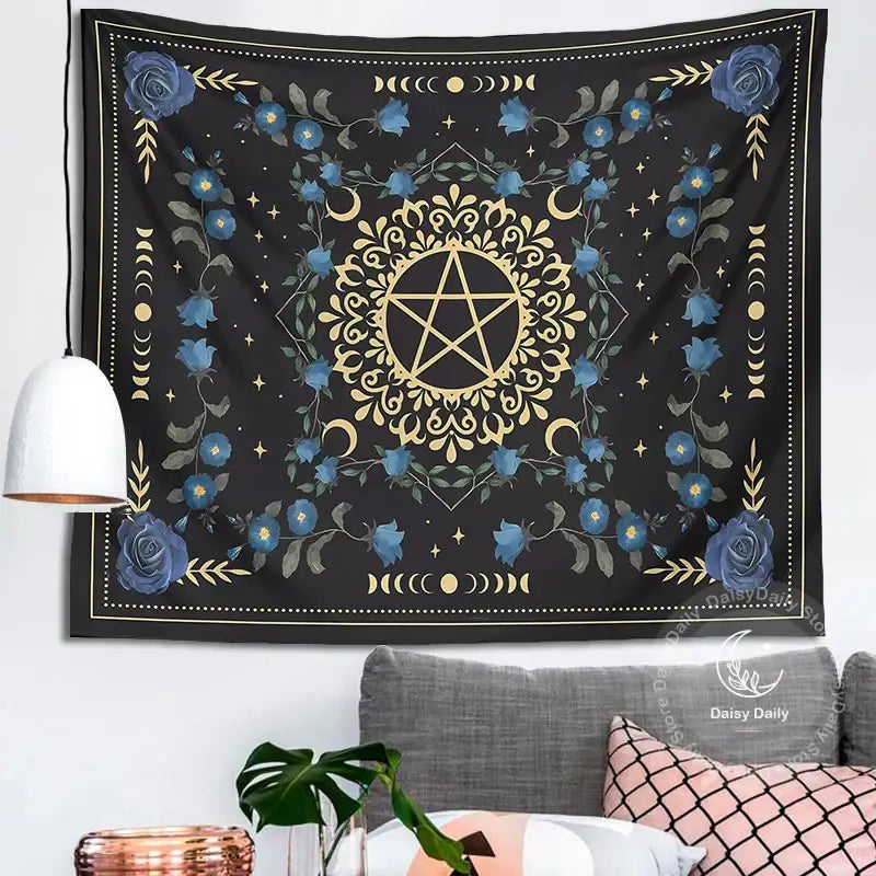 Blue rose moon floral pentagram tapestry bedroom wall hanging