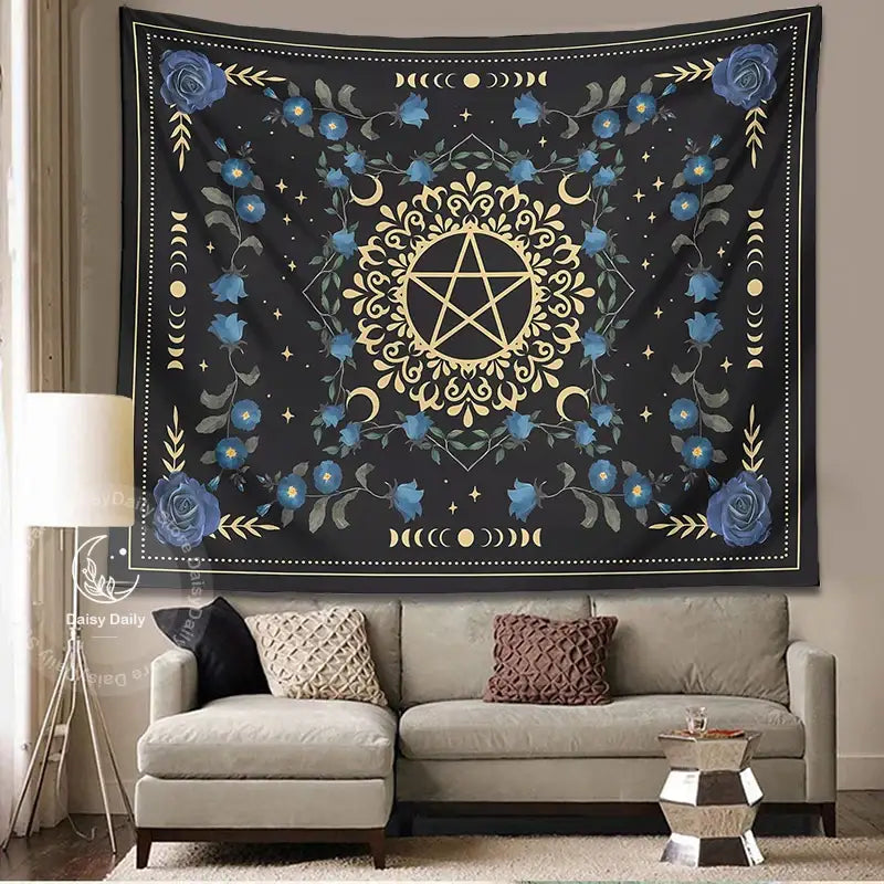 Blue rose moon floral pentagram tapestry bedroom wall hanging