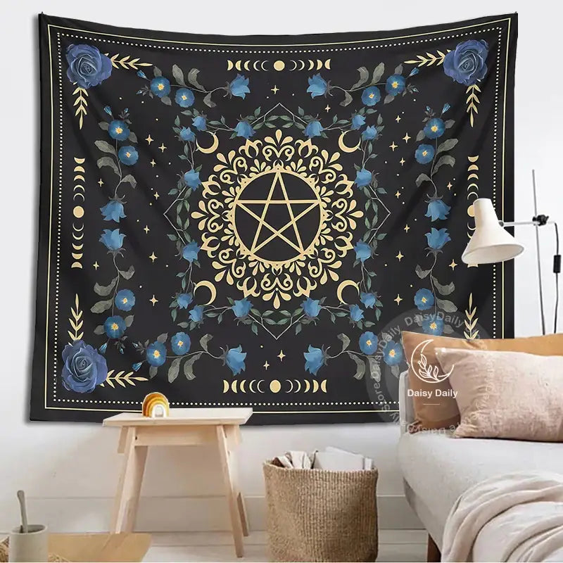 Blue rose moon floral pentagram tapestry bedroom wall hanging