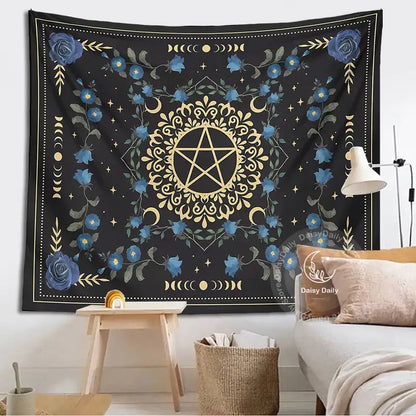 Blue rose moon floral pentagram tapestry bedroom wall hanging