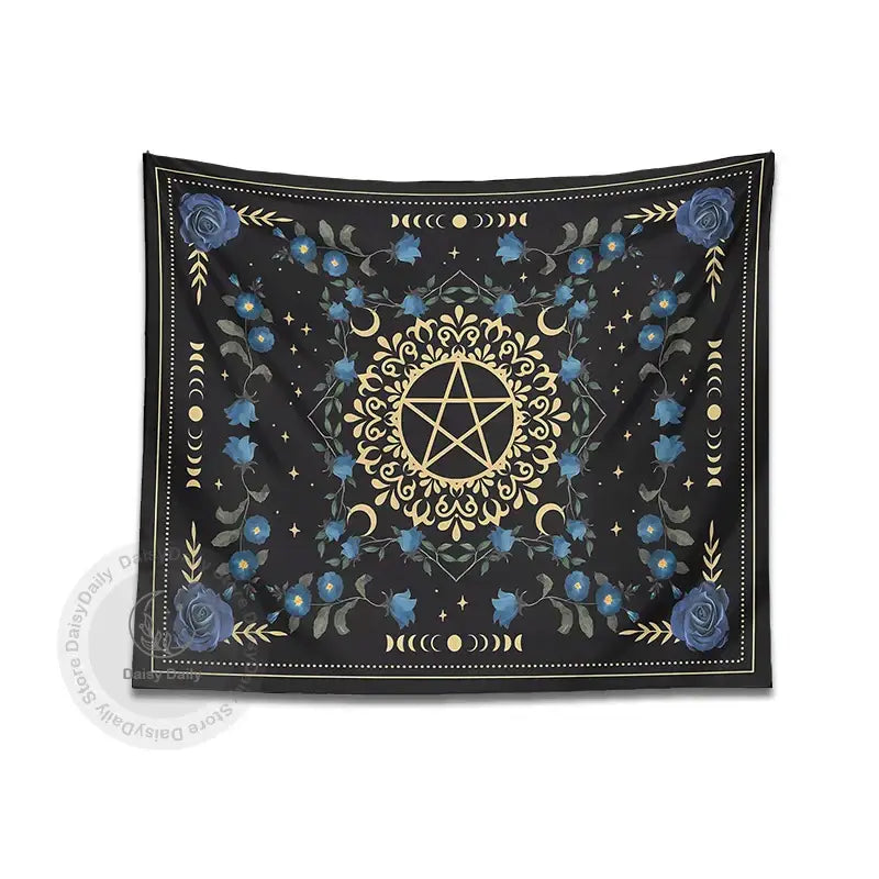 Blue rose moon floral pentagram tapestry bedroom wall hanging