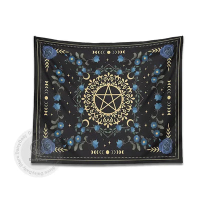 Blue rose moon floral pentagram tapestry bedroom wall hanging