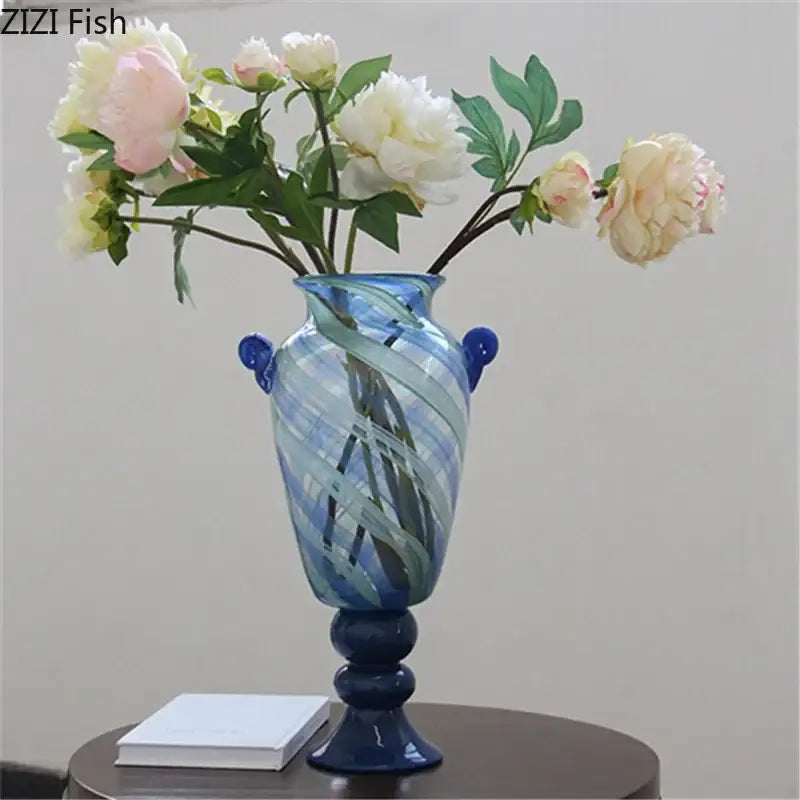Blue stripe glass swirl vase living room hydroponic plant pot