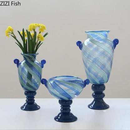 Blue stripe glass swirl vase living room hydroponic plant pot