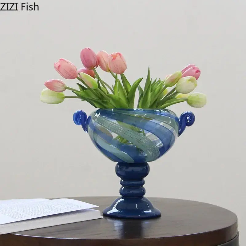Blue stripe glass swirl vase living room hydroponic plant pot