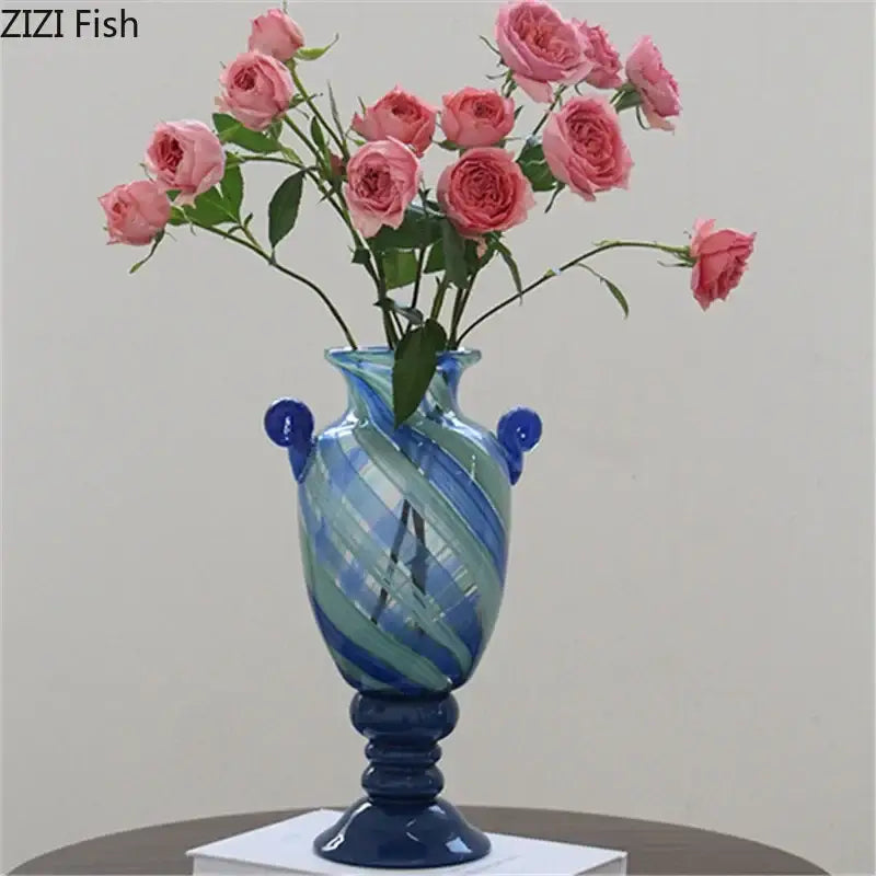 Blue stripe glass swirl vase living room hydroponic plant pot