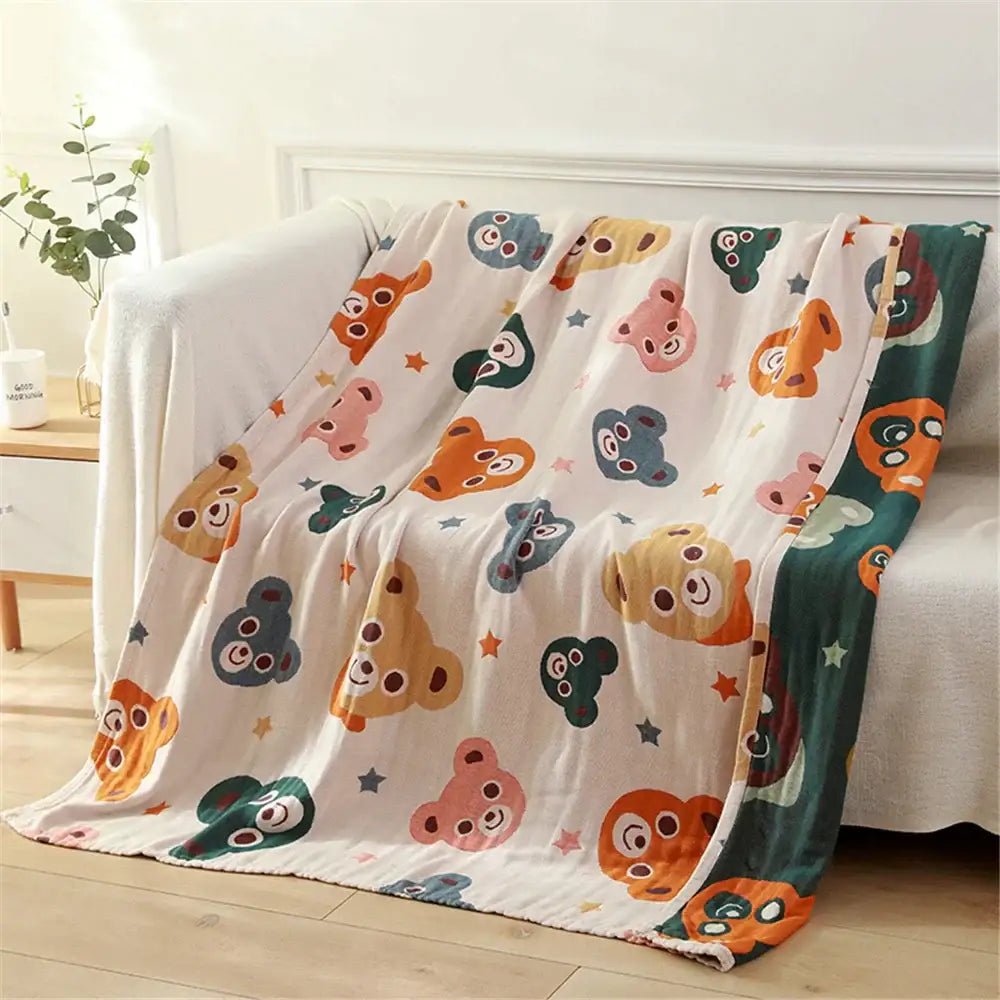 Blue teddy bear gauze cotton bath towel bedroom blanket